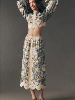 FARM Rio Cream Garden Scarf Euroflax™ Premium Linen Midi Skirt Size Medium NWT